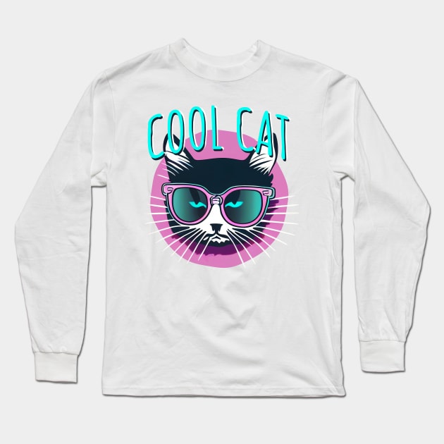 Cool Cat || Vector Art Grumpy Kitten With Glasses Long Sleeve T-Shirt by Mad Swell Designs